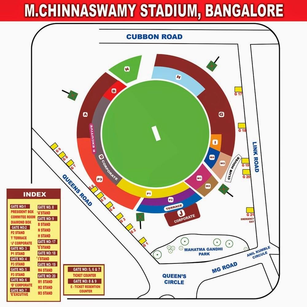 Chinnaswamy اسٹیڈیم بیٹھنے کا نقشہ